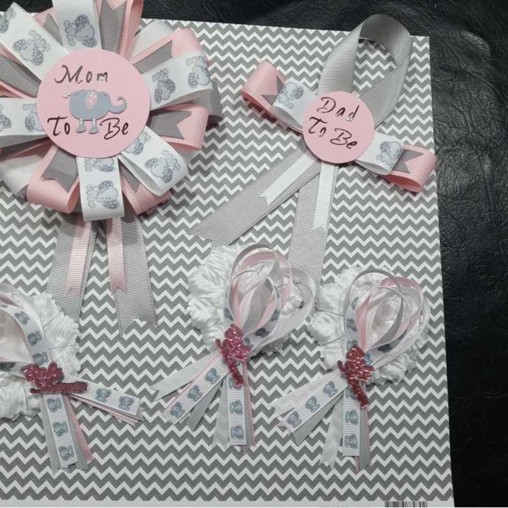 Pink “Elephant” Mom to Be Corsage, Dad to Be, & 25 Little Corsages/Capias